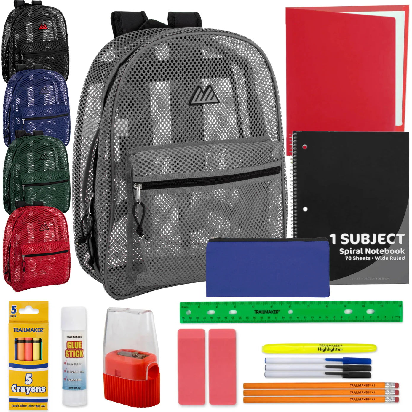 17-Inch Classic Mesh Backpack with 20-Piece School Supply Kit - 5 Colors